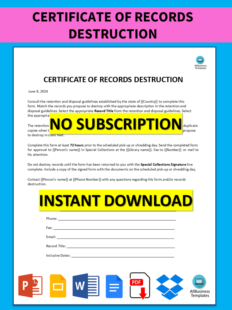 Certificate Of Records Destruction  Templates at In Certificate Of Disposal Template