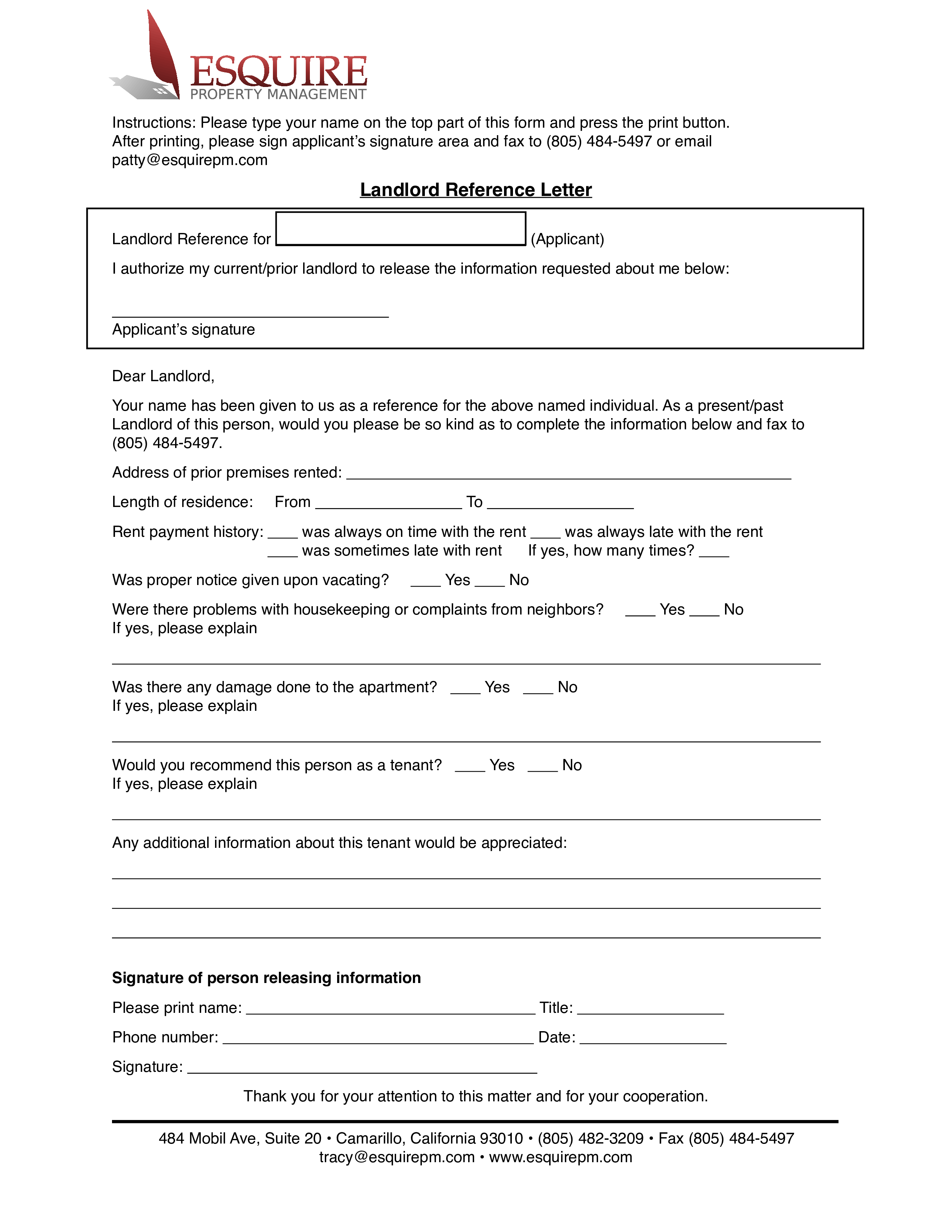 Landlord Letter Of Reference Sample 模板