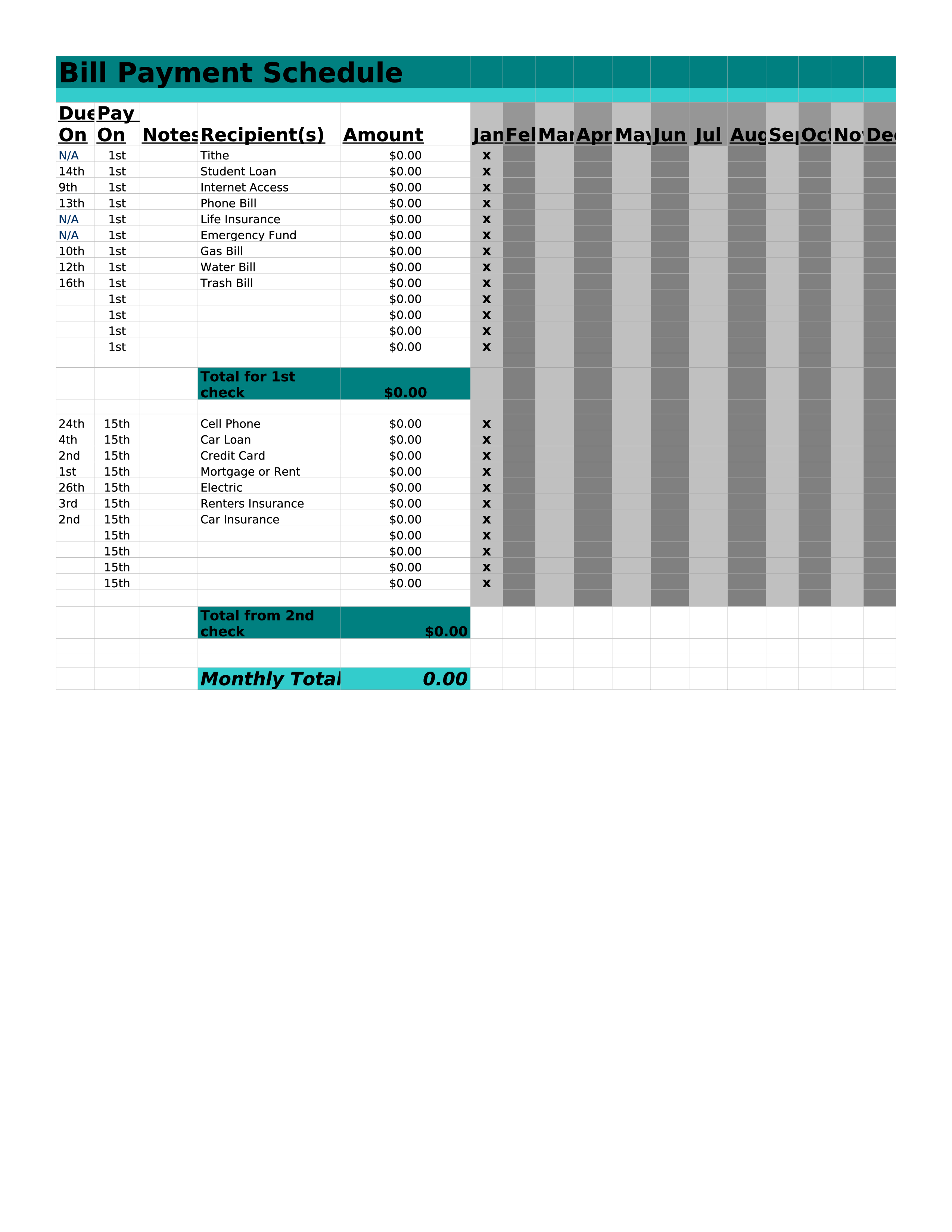 printable bill payment schedule Hauptschablonenbild