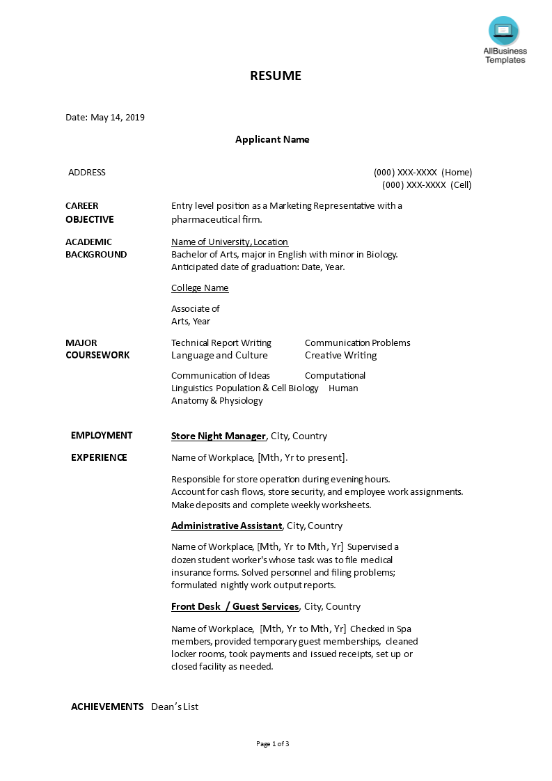 marketing representative chronological format resume template