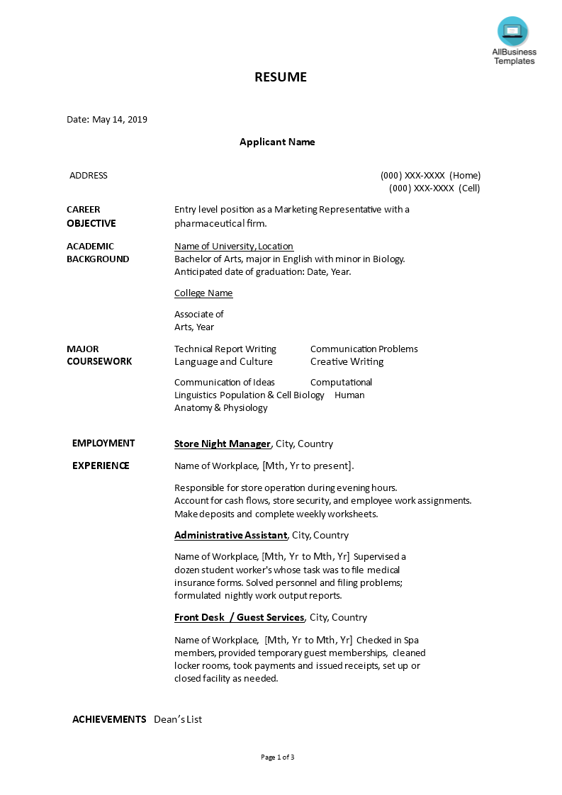 Marketing Representative Chronological Format Resume 模板