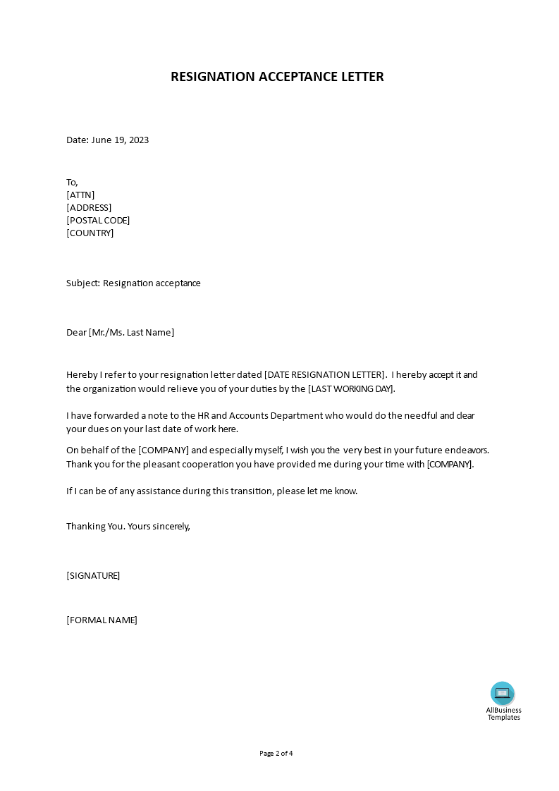 resignation acceptance letter email template
