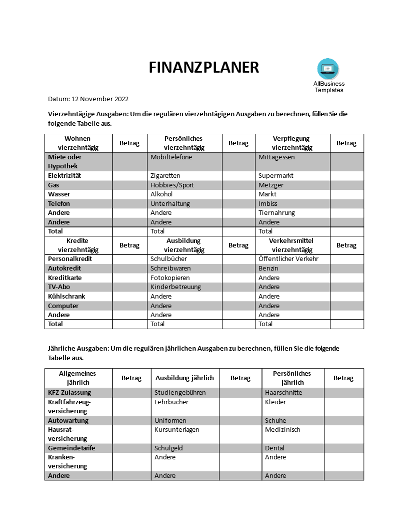 finanzplaner druckbar Hauptschablonenbild