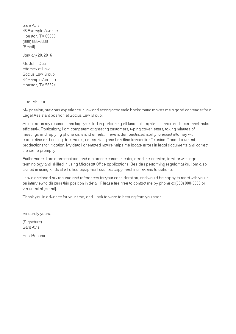 legal assistant cover letter template