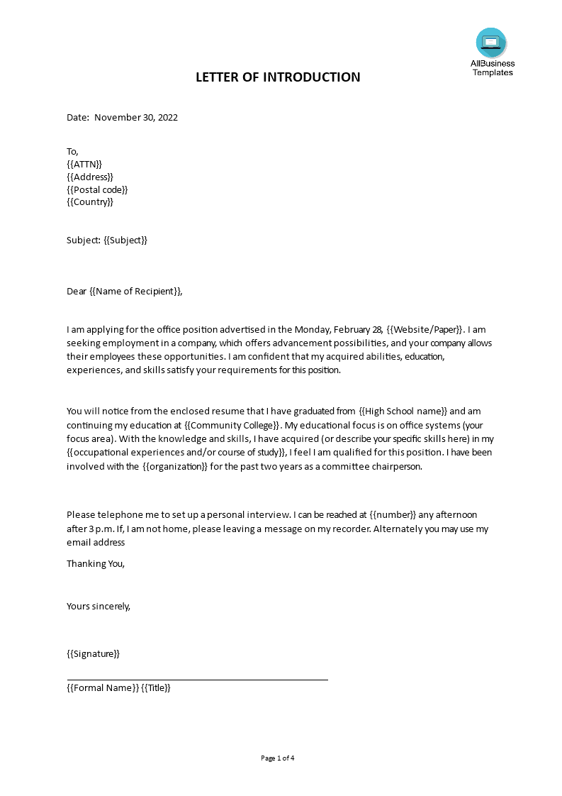formal letter of introduction for a job voorbeeld afbeelding 