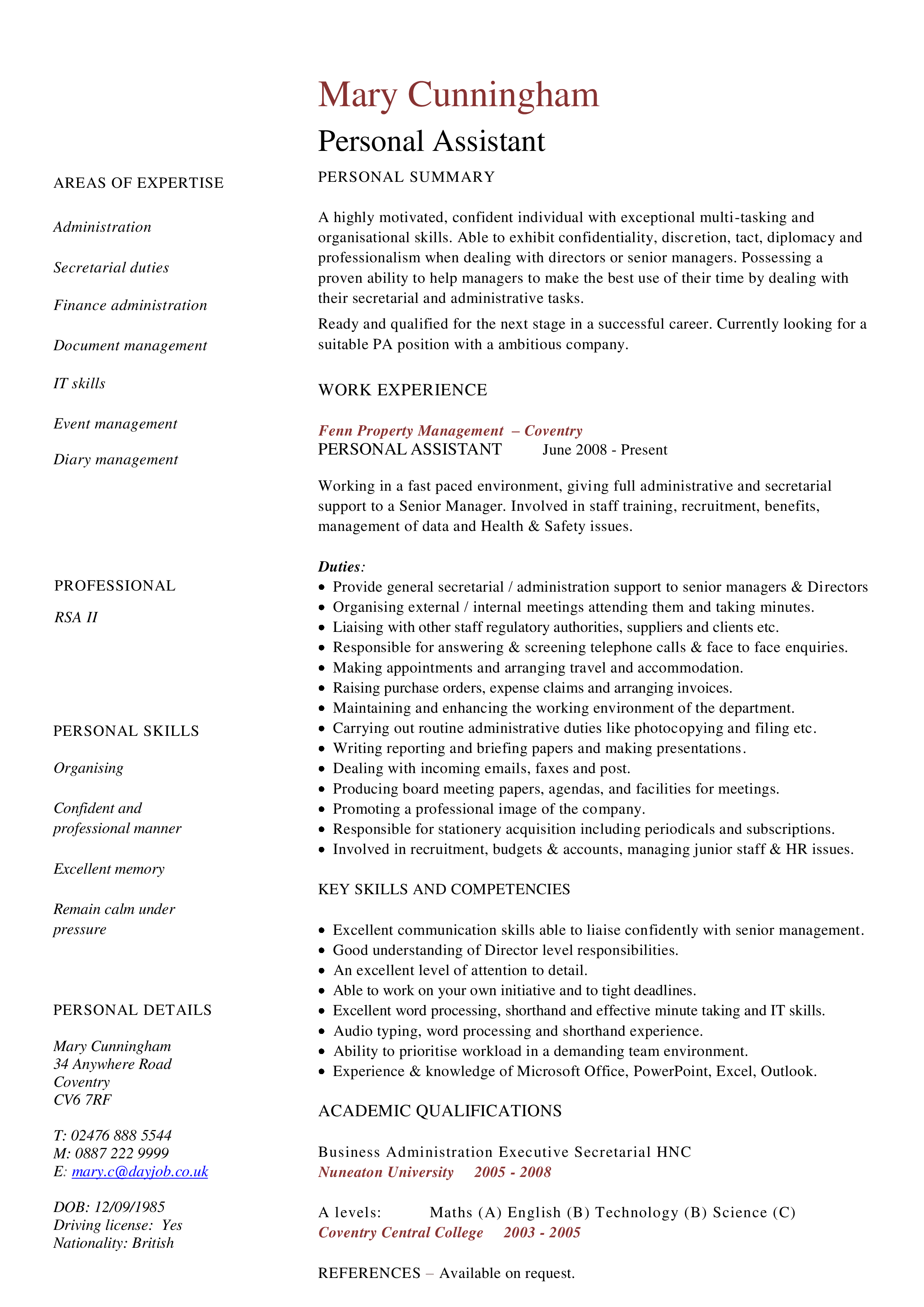 personal assistant objectives on a resume