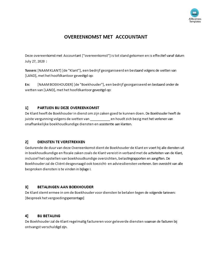 accountant serviceovereenkomst template voorbeeld afbeelding 