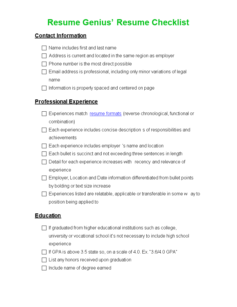 resume genius’s resume checklist modèles