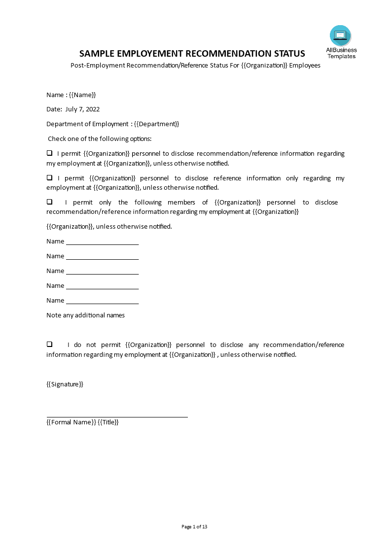 Post Employment Recommendation Form 模板