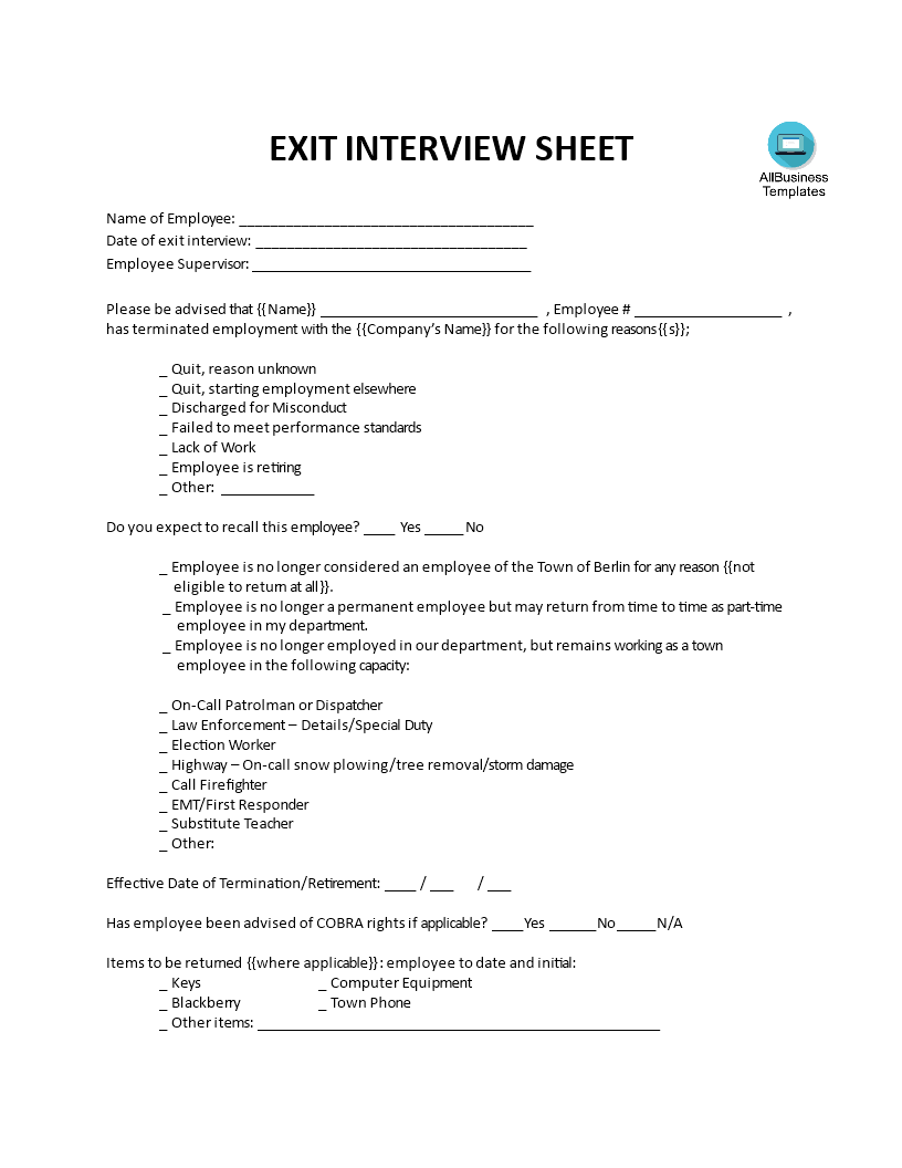 Exit Interview Sheet 模板