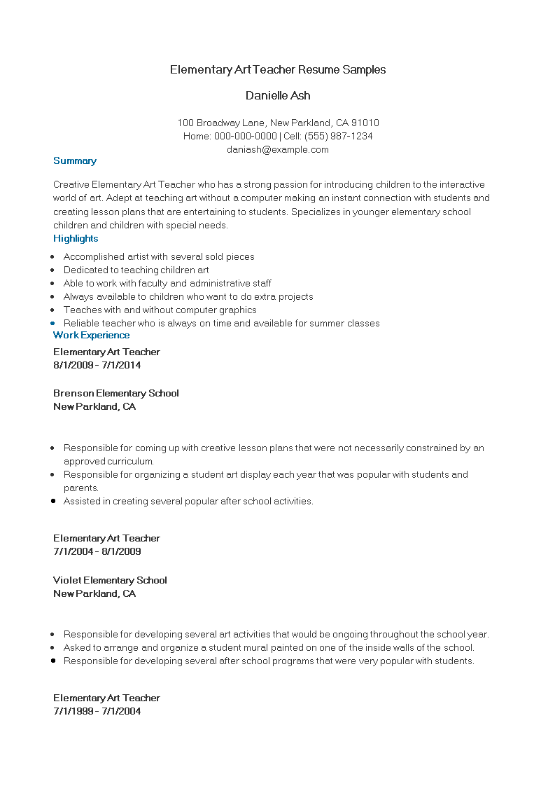 elementary art teacher resume sample template