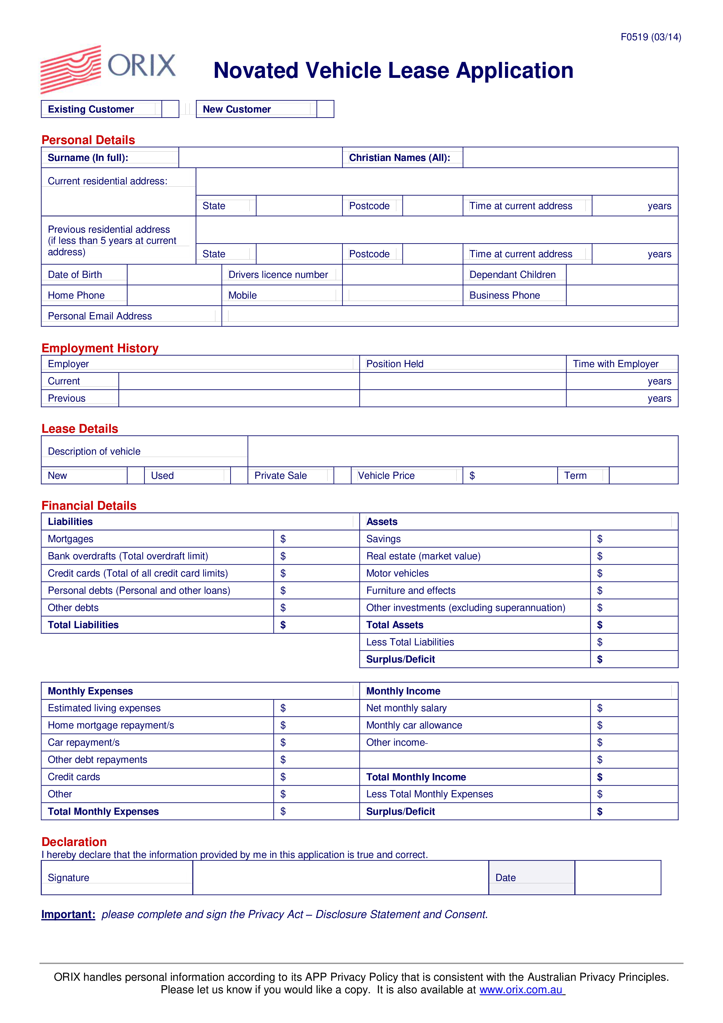 vehicle lease application template