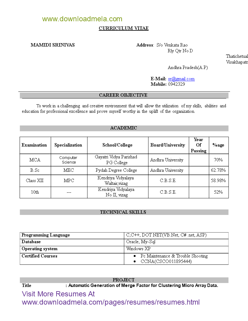 java mca fresher resume voorbeeld afbeelding 