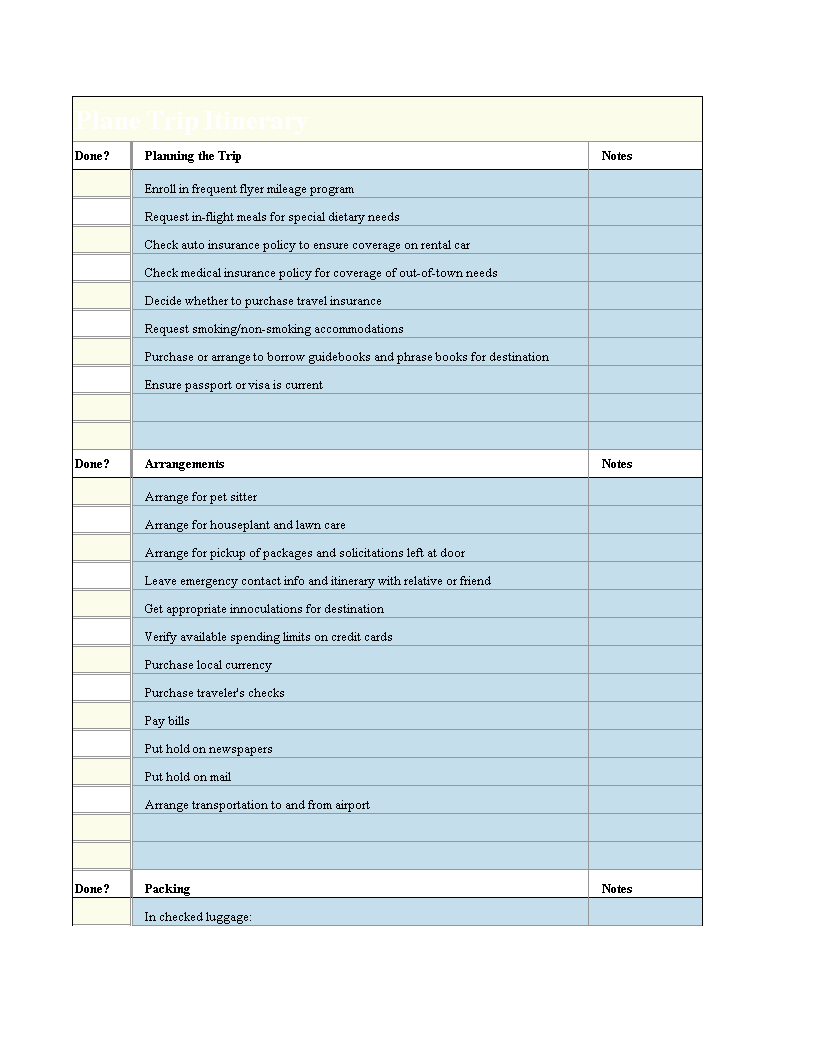plane trip itinerary template