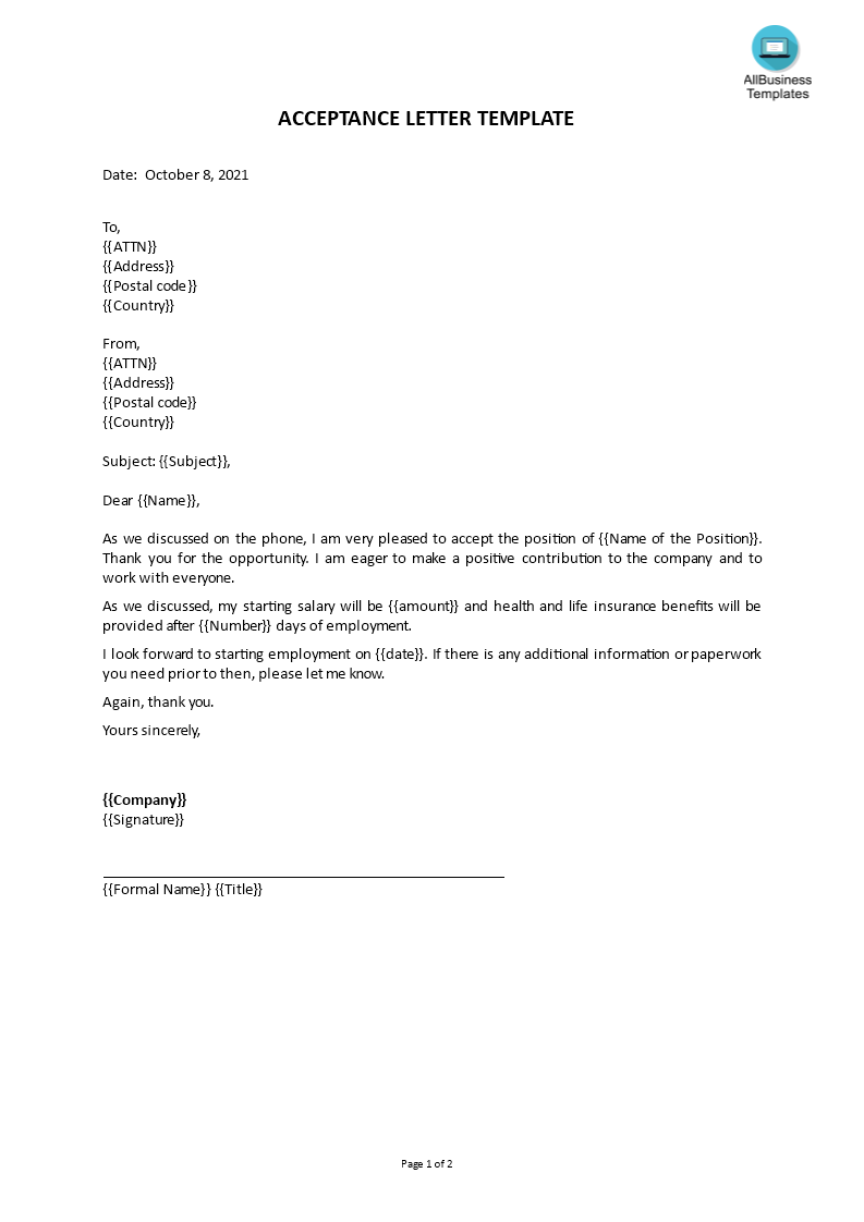 acceptance letter template voorbeeld afbeelding 