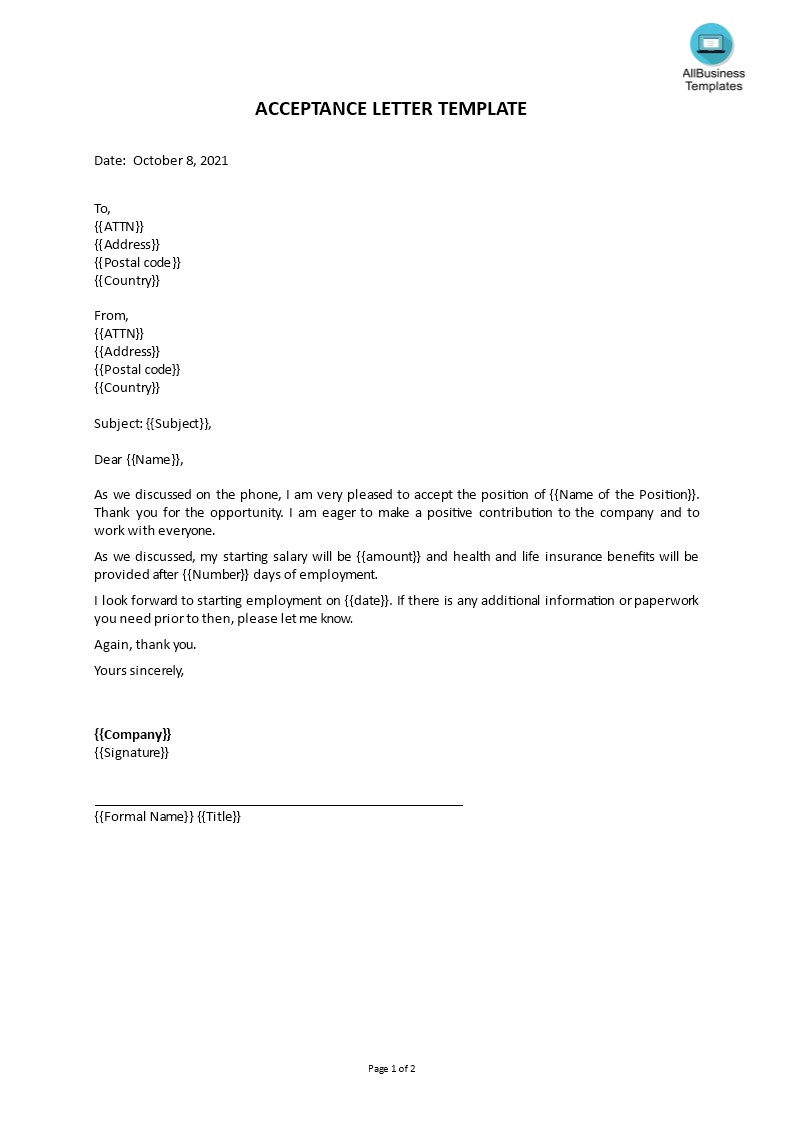 acceptance letter template Hauptschablonenbild