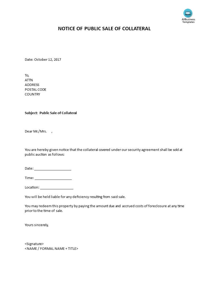 notice of public sale of collateral template