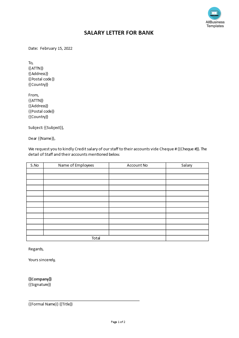 salary letter for bank template
