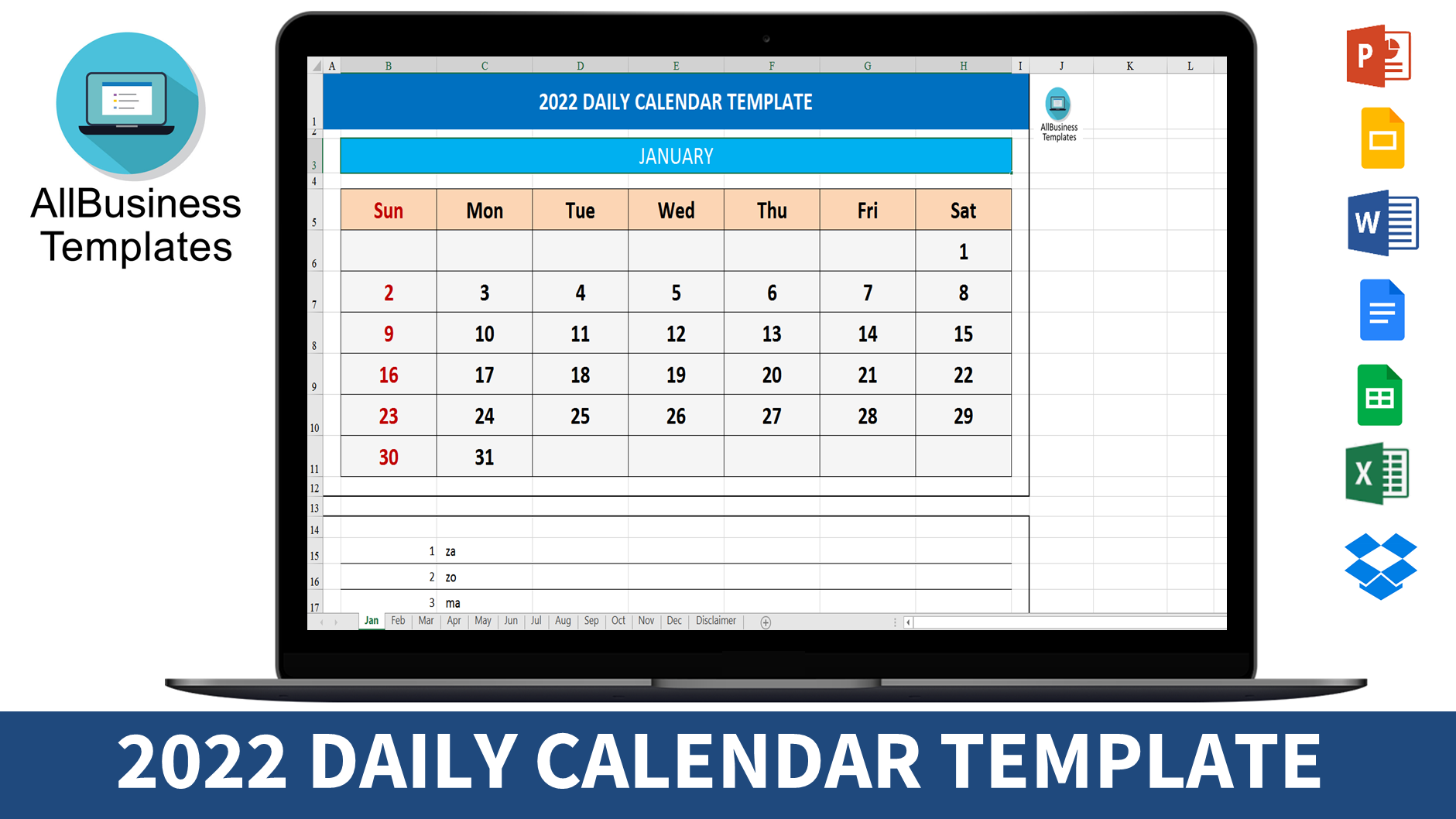 2022 Daily Calendar Template main image