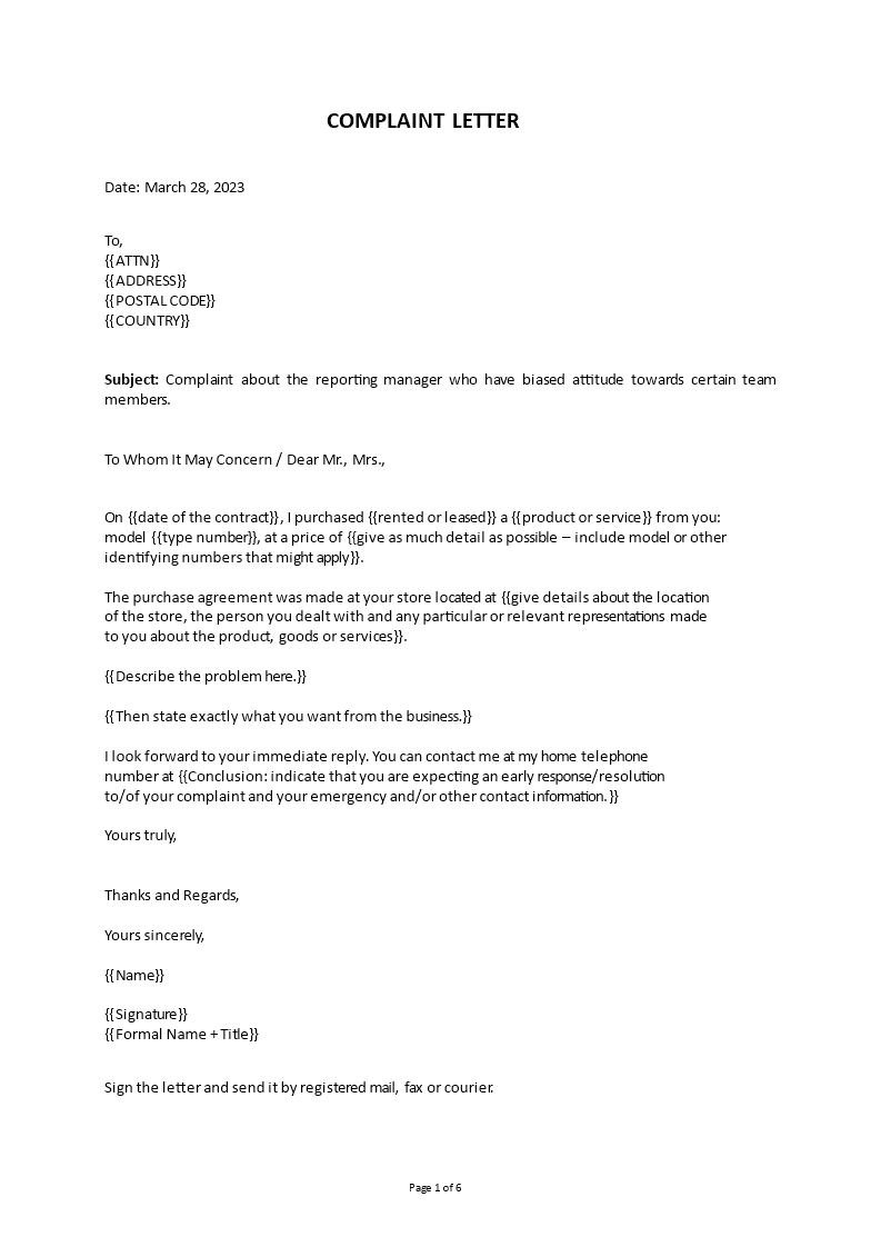 complaint letter format template