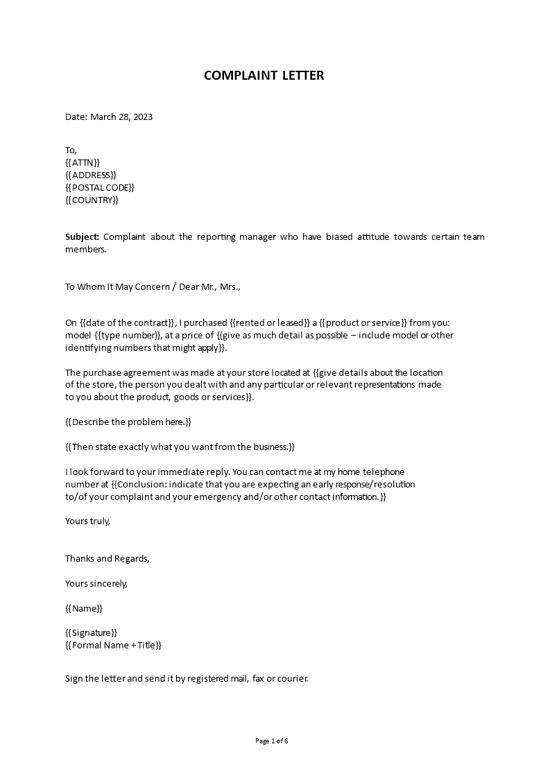 Kostenloses Complaint Letter Format
