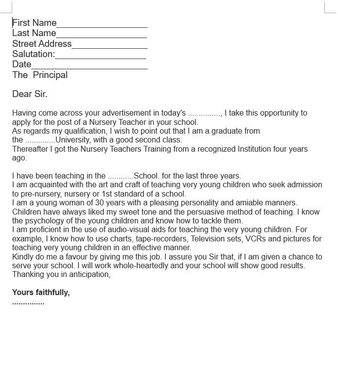 Job Application Letter For Nursery Teacher | Templates at ...