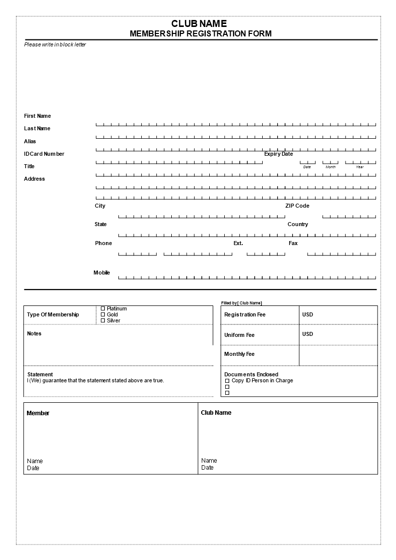 membership registration form template