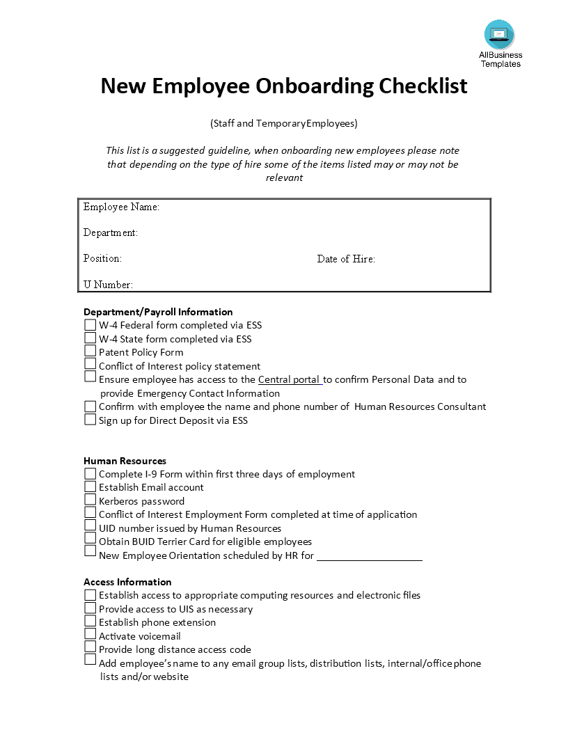 on boarding checklist for new employee template