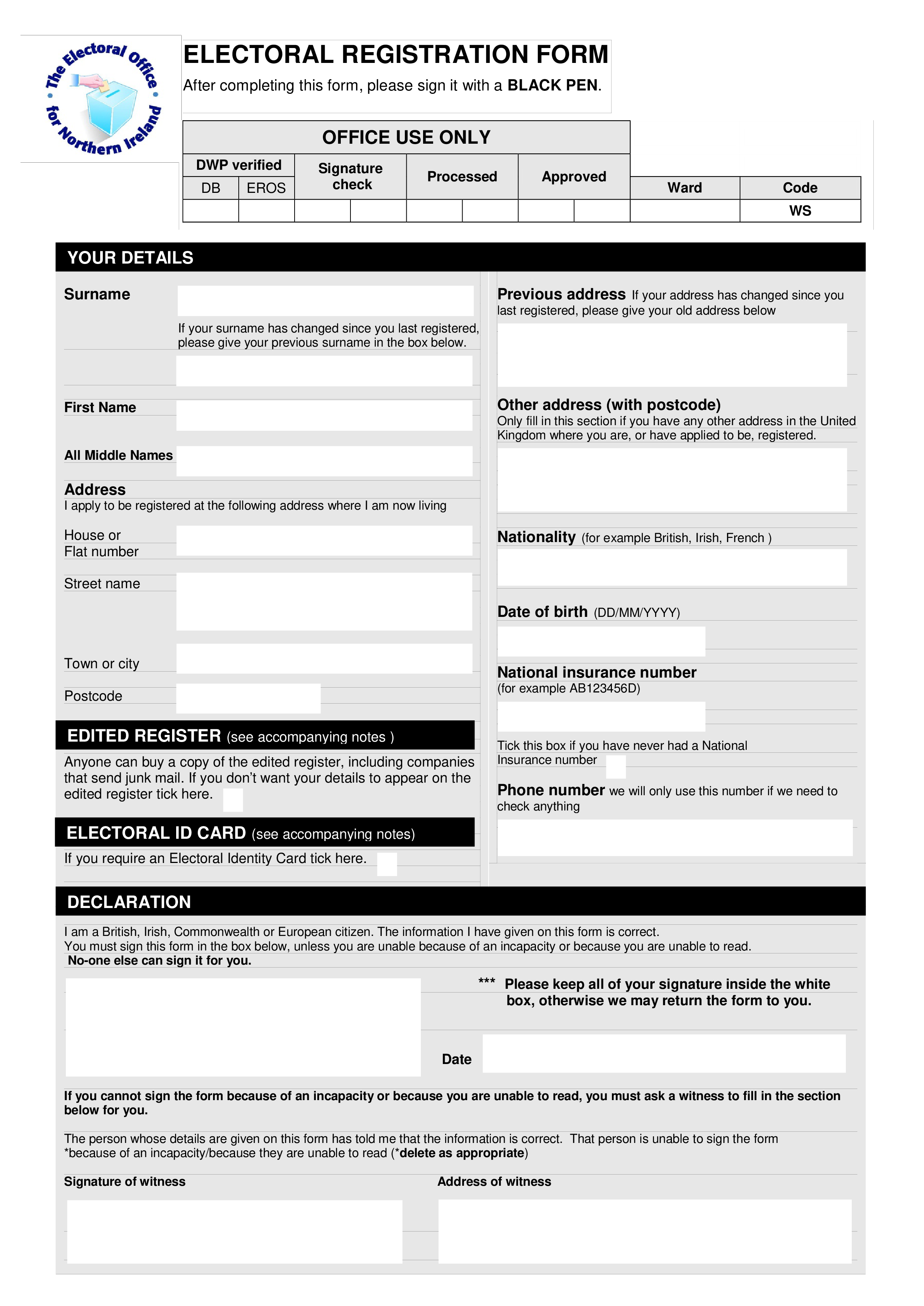 Electoral Registration Form Printable main image