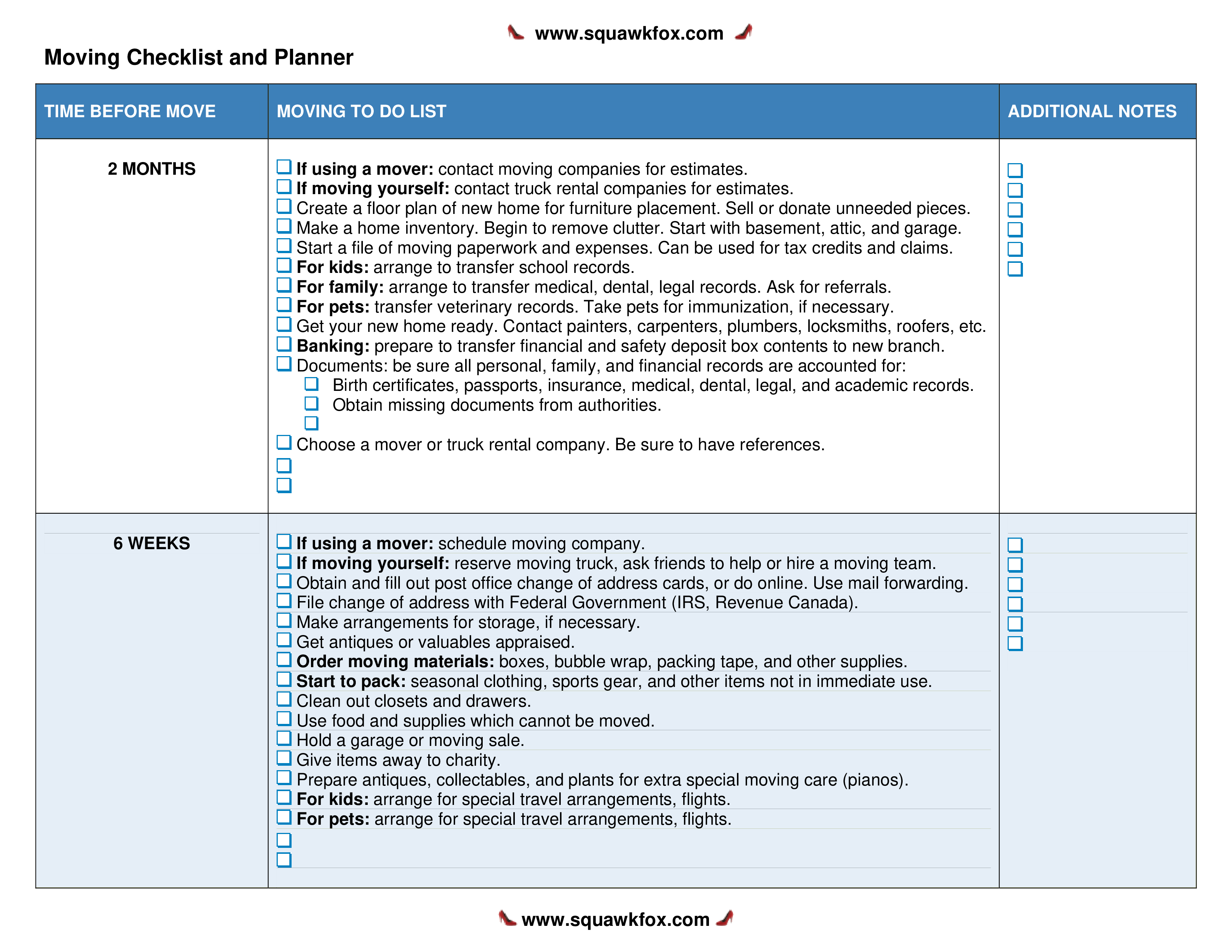 moving packing checklist template