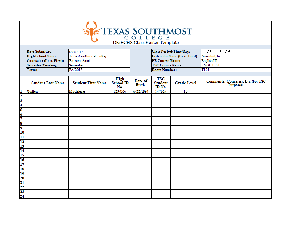 class roster template excel spreadsheet Hauptschablonenbild