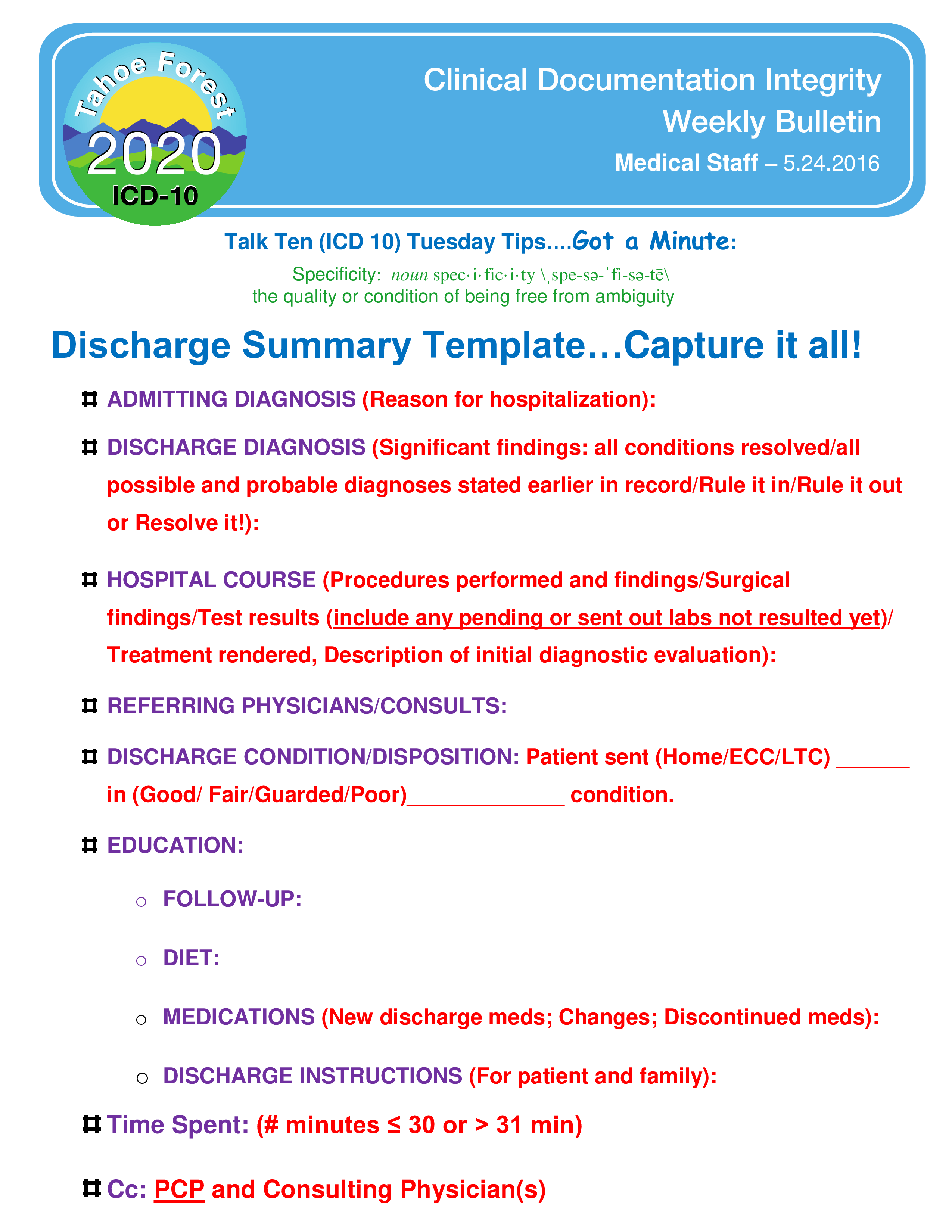 Clinical Discharge Summary 模板