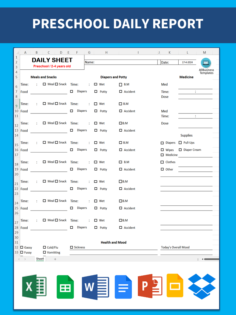 Daily Report Sheets for Preschool 模板