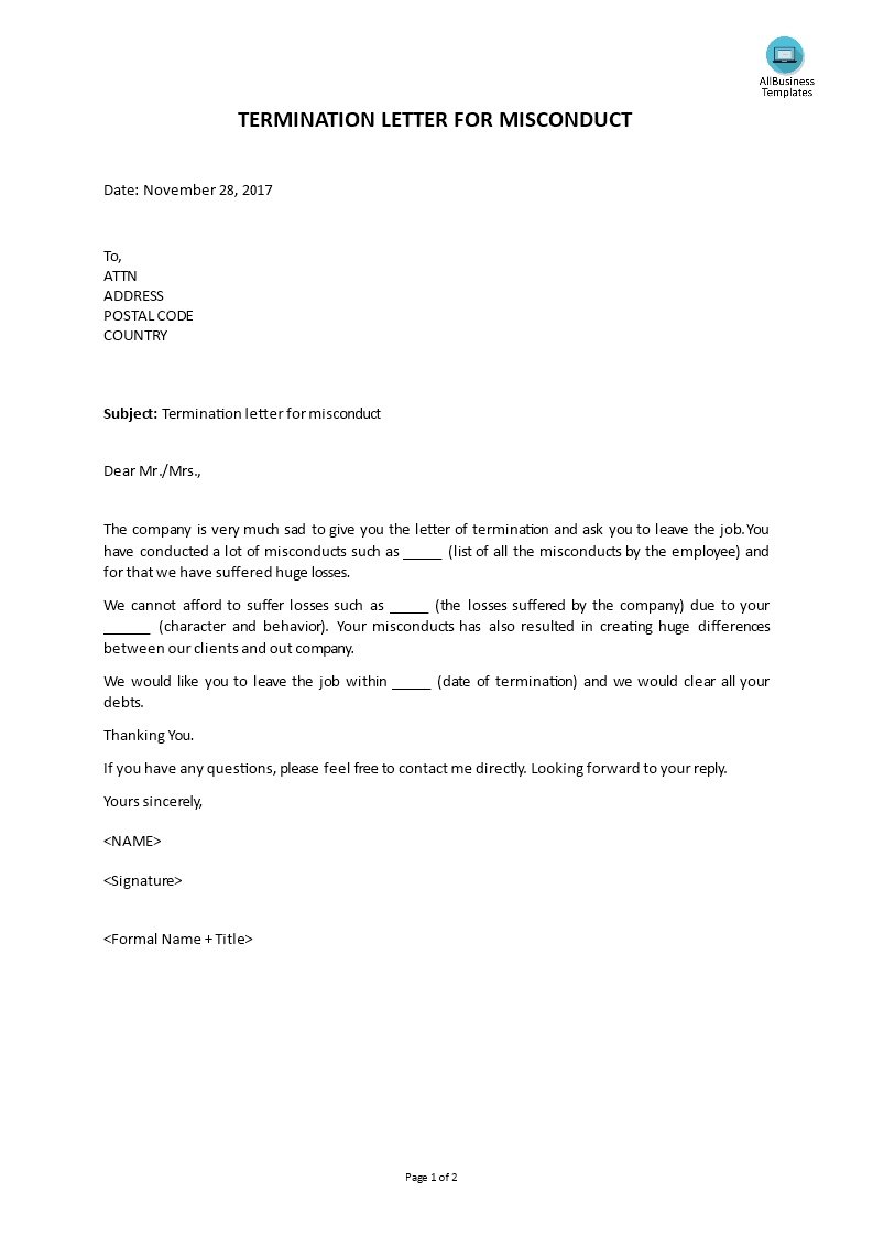 termination letter for misconduct template