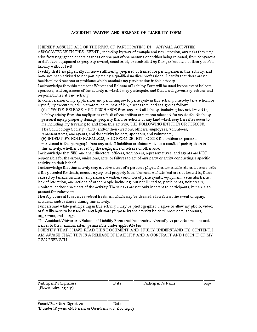 accident liability release form template