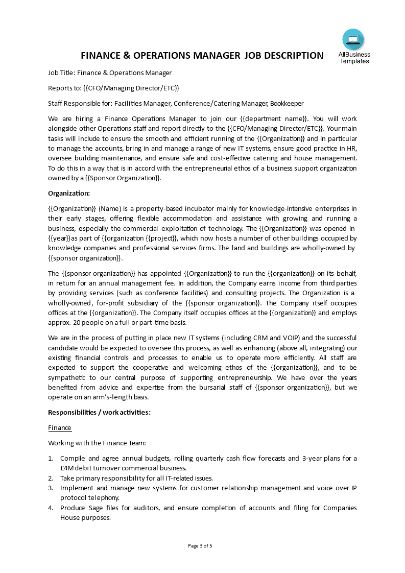 Kostenloses Financial Operations Manager Job Description