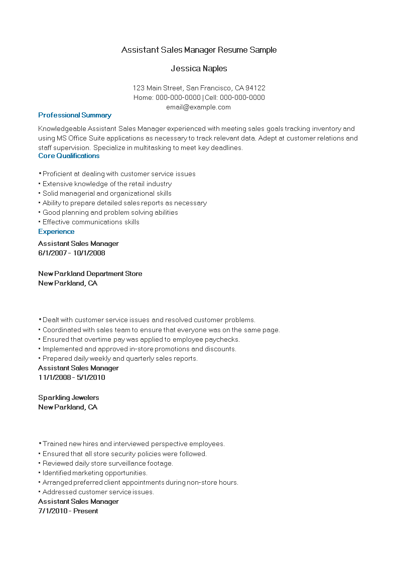 assistant sales manager resume sample template