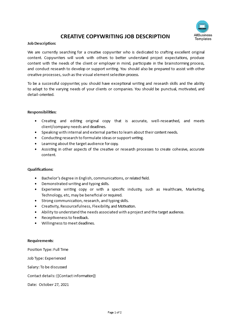 creative copywriting job description template