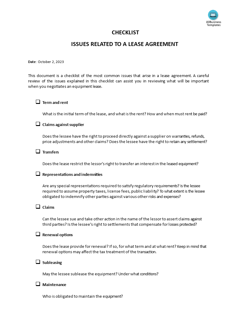 checklist lease agreement issues voorbeeld afbeelding 