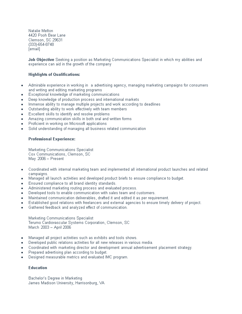 marketing communications specialist resume template