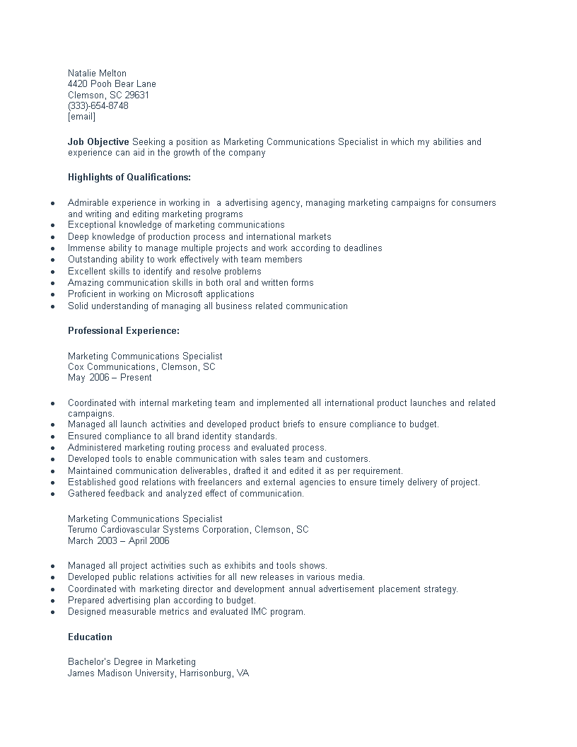 Marketing Communications Specialist Resume main image