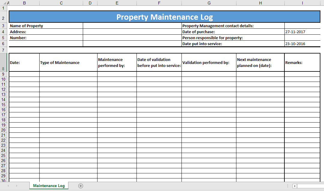 property maintenance log template Hauptschablonenbild