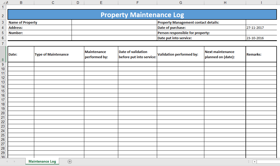 property maintenance log template template