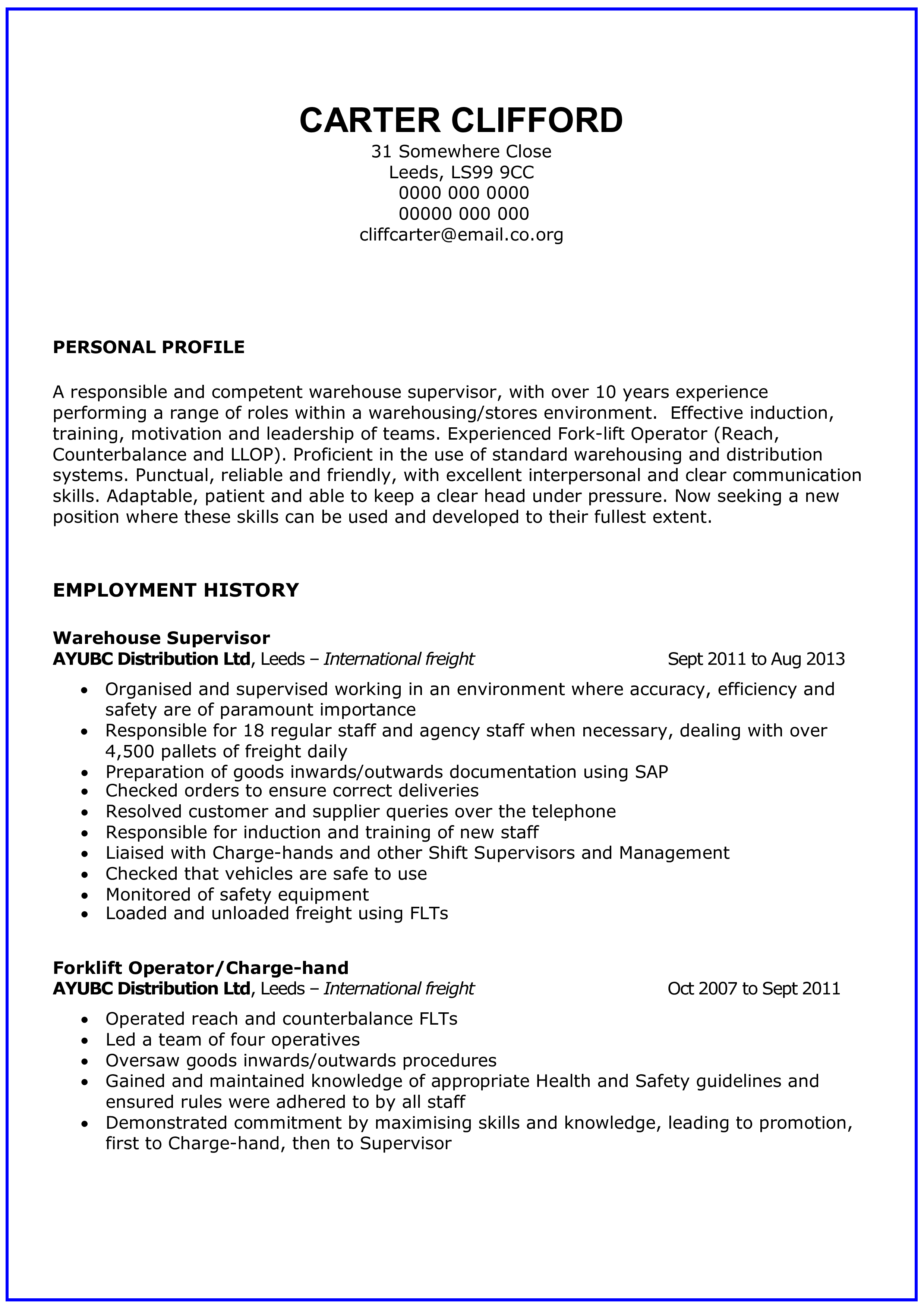 General Warehouse Worker Resume 模板