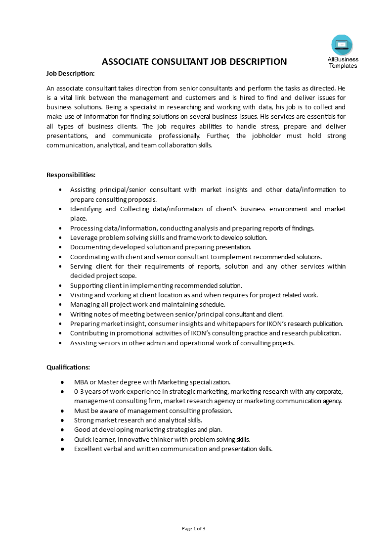 job description associate consultant modèles