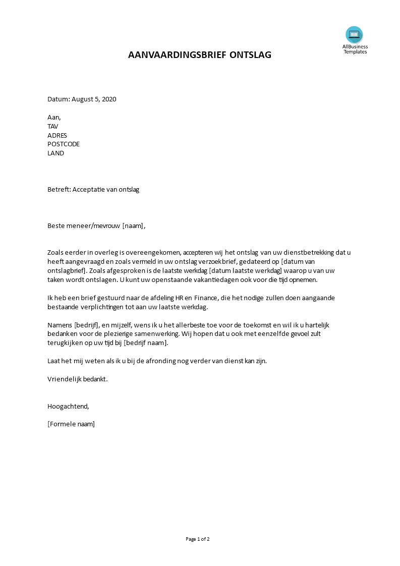 Gratis Acceptatiebrief Voor Ontslag