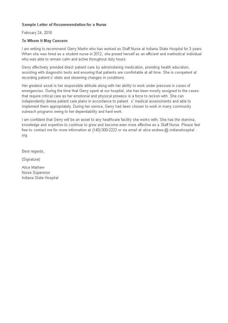 letter of recommendation for nurse employment template