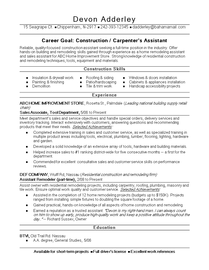 sample resume for construction worker template