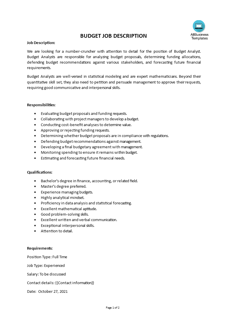 budget job description plantilla imagen principal