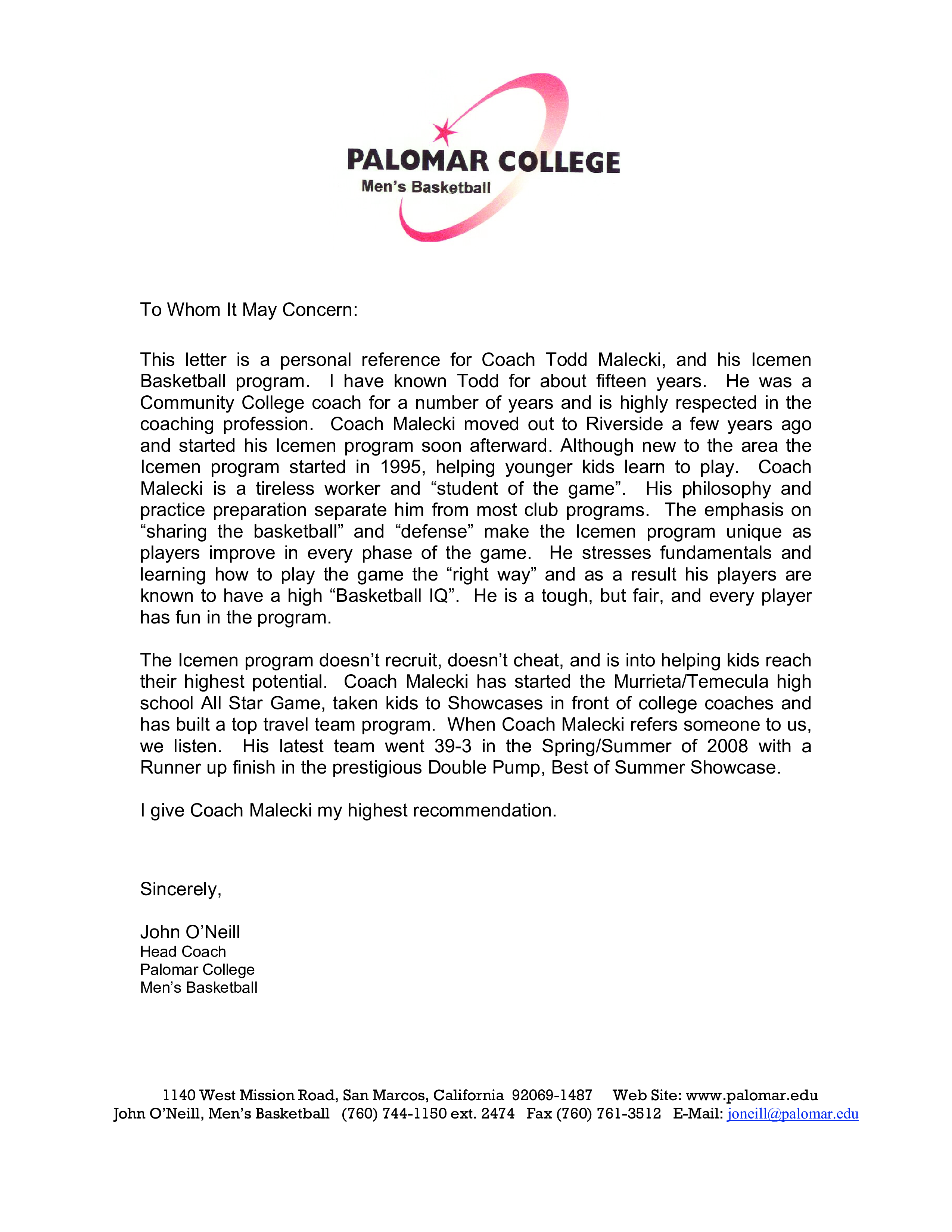 Letter Of Recommendation For A Coaching Job main image